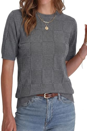 Cakulo Womens Short Sleeve Sweater Checkered Business Casual Summer Knit Tops Crew Neck Lightweight Sweaters 2026 Gray L