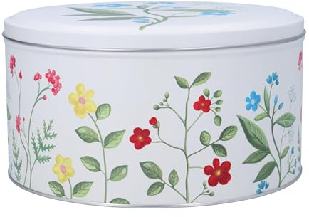 Gisela Graham London Round Metal Cake Storage Tin, Meadow Flowers Design, White with Floral Pattern, 23cm