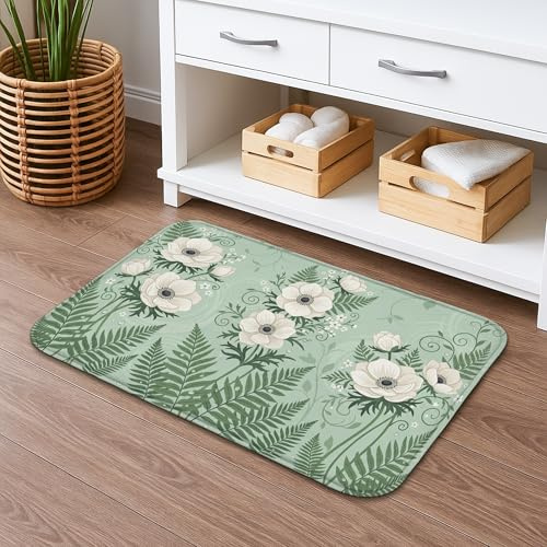 Badematte mit Vintage-Blumenmuster, schnell trocknend, elegante grüne Blumen, Farne, saugfähig, rutschfest, Frühlingsdekorativ, waschbar, Badteppiche für Badezimmer, WC, 50,8 x 81,3 cm