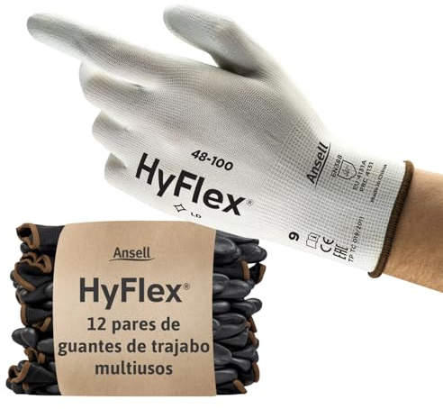 Ansell HyFlex 48-100 Dünne Arbeitshandschuhe mit PU Beschichtung, Leichte Schutzhandschuhe für Präzises Arbeiten, Heimwerk, Montage, Handschuhe Herren Damen, Weiß, Größe 2XL (12 Paar)