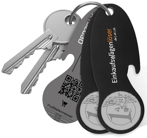 Einkaufswagenlöser Münze Schwarz (2 STK.) – funktionaler Schlüsselanhänger mit Einkaufswagenchip, Flaschenöffner & Profiltiefenmesser – hochwertiger Einkaufschip mit Fundservice