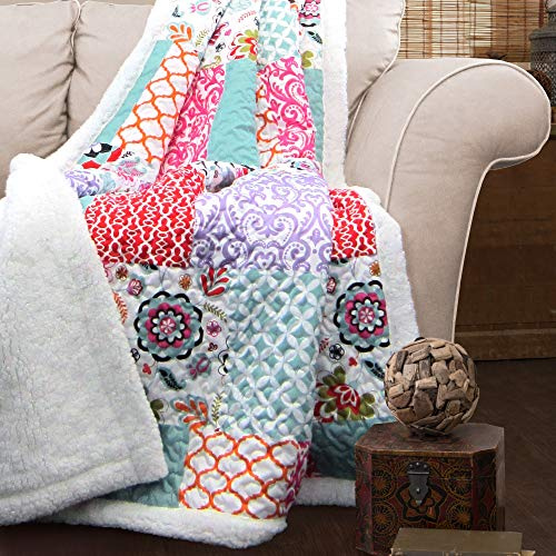 Lush Decor Brookdale Reversible Throw - Colorful Floral Pattern Patchwork Blanket - 60 x 50, Purple and Turquoise