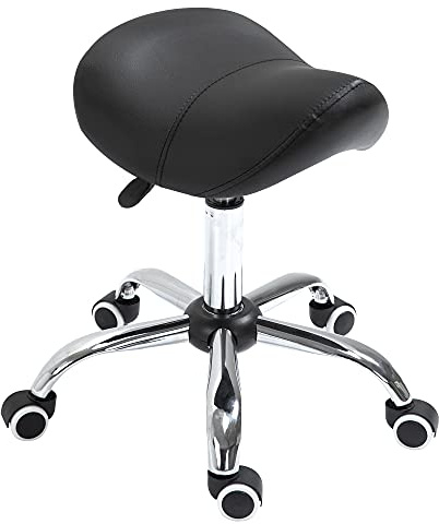 HOMCOM Sgabello da Lavoro a Sella con Ruote e Altezza Regolabile per Negozi Parrucchiere e Tattoo, 52x53x49-61cm Nero