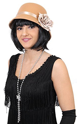 Damenhut im Stil der 1920er-Jahre, beigefarbene Glockenhut + Perlen-Halskette mit Perlen, Kostüm-Accessoire, 20er-30er-Jahre-Klappe, Gatsby-Mädchen, tolle Vintage-Blume