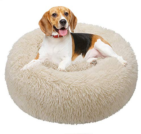 TAMOWA Hundebett, Haustierbett Rund aus Plüsch, Katzenbett flauschig, Welpen Kissen, Tragbare Warme Weiche Bequeme Hundesofa, Donut Kissen für Katzen und kleine Hunde, 60CM, Beige