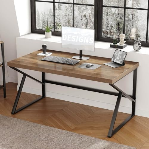 HSH Schreibtisch Holz Großer Computertisch und Metall Industrieller PC Tisch für Büro Wohnzimmer Schlafzimmer Homeoffice Arbeit Studium Gaming Arbeitstisch Vintage Eiche Hell, 140 x 60 x 75.5 cm