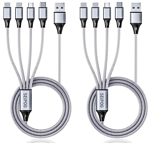 Multi Charging Cable, USB Cable 3A 4FT Nylon Braided Universal 4in1 Charger Adapter Type-C/Micro Port, Compatible with Cell Phones and More (Silver, 2Pack)