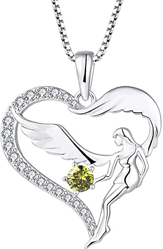 FJ Herz Schutzengel Halskette Damen 925 Sterling Silber Engelsflügel Kette Anhänger Geburtsstein Zirkonia Halskette Schmuck Geschenke für Frauen Mädchen