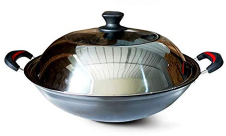 Wok per induzione Grande pentola in ghisa Biauricolare Ghisa non rivestita Saldare in padella Acciaio inossidabile con coperchio in vetro Stufe a gas Essere applicabile Tradizione Wok antiaderente 3