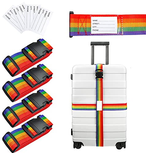 Abnaok Gepäckgurte, 4 Stück, personalisierte Koffergurte, verstellbare Reisepackgurte mit Schnellverschluss-Schnalle (Regenbogen)