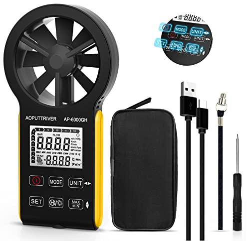 AP-6000GH Rechargeable HVAC Anemometer with Touch-Screen, CFM Meter 0-999900 ft³/min, Temp, Backlight, Data Hold for Air Volume, HVAC Vents, Sailing, Shooting
