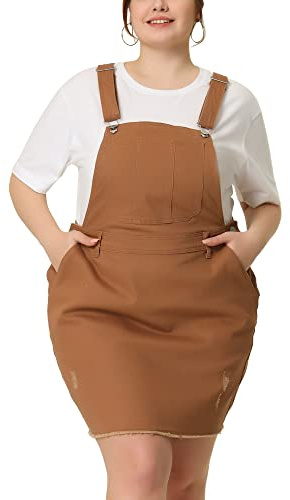 Agnes Orinda Übergröße Overall Kleider für Frauen Ripped Pocket Jean Denim Strapsrock Overall Kleid, Braun, 4X