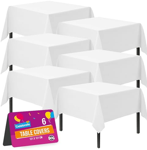 SOL 6pk White Table Cloth Party 121x121cm Plastic Cover Tablecloth Disposable for Parties - Heavy Duty Spill Protection - Opaque Design for Weddings, Buffets, Catering, Gender Reveals & Events