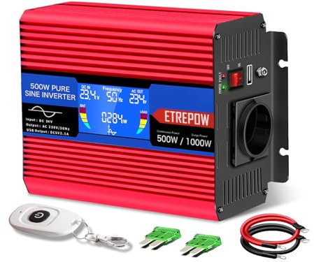 ETREPOW 500W Convertisseur 24v 220v Pur Sinus Transformateur -1 Prise EU de Courant Alternatif,2 Port USB,télécommande sans Fil et écran LCD, pour Voiture, Camping, Voyage