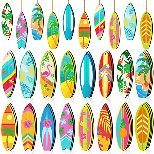 Geelin 36 Pcs Summer Wood Hanging Ornaments for Tree Mini Tree Decorations Hawaiian Beach Wooden Pendant Decorations with String for Luau Party Supplies(Surfboard)