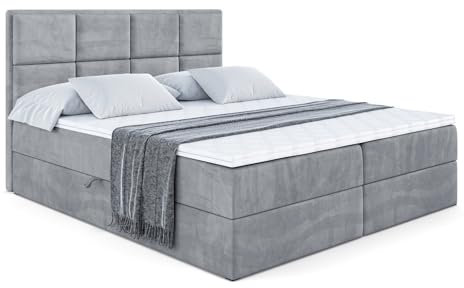 ALTDECOR Boxspringbett mit Matratze und Lattenrost, Boxbett, Topper, Polsterbett mit Bettkasten, Bett mit Stauraum H3-Matratze, Doppelbett, Springboxbett - NOVA - 200x200 - Grau Samt