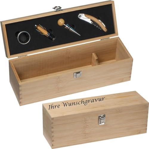 Weinbox aus Holz mit Gravur / mit Kellnermesser, Flaschenverschluss, Ausgießer