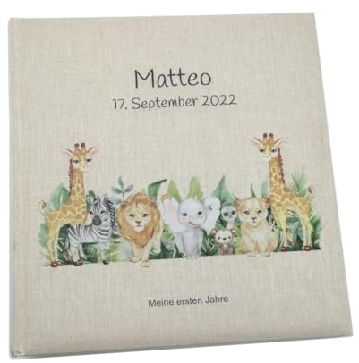 Tenii® Fotoalbum personalisiert Baby, Kind Dschungletiere 2 Leinen, Erinnerungsalbum (30x31cm - 100 Seiten)