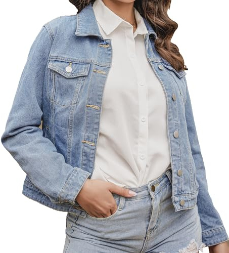 J.Corrine Giacca di Jeans da Donna, Giacche di Jeans Vintage con Design Cucito, Vestibilità Regolare Stile Trucker, Manica Lunga, Versatili Giacche di Jeans da Donna Blu Medio M