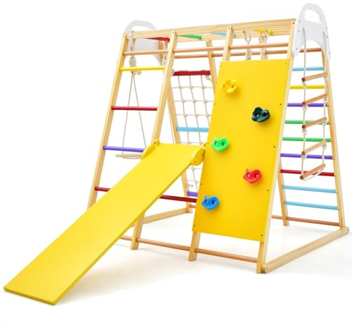 GYMAX Set da Arrampicata per Bambini, Area Giochi Multifunzionale in Legno con Scala, Scivolo, Altalena e Rete da Arrampicata (Colorato)