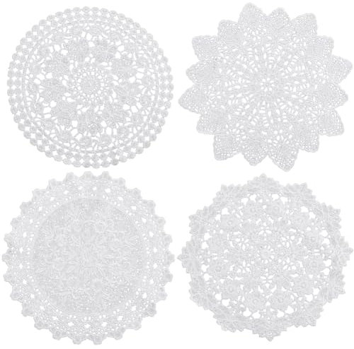 GORGECRAFT 8pz 4 Estilos de Tapetes de Encaje Manteles Individuales de Mesa de Ganchillo con Flores Redondas Posavasos de Ganchillo Hechos A Mano Pequeños Vintage Tapete para Tazas Blanco