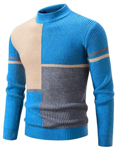 crazy bean Jersey de Cuello Vuelto y Manga Corta Hombre de Punto Patchwork Suéter Cuello Alto Hombre Manga Larga Invierno Pullover Termica Slim Fit Top Azul XL
