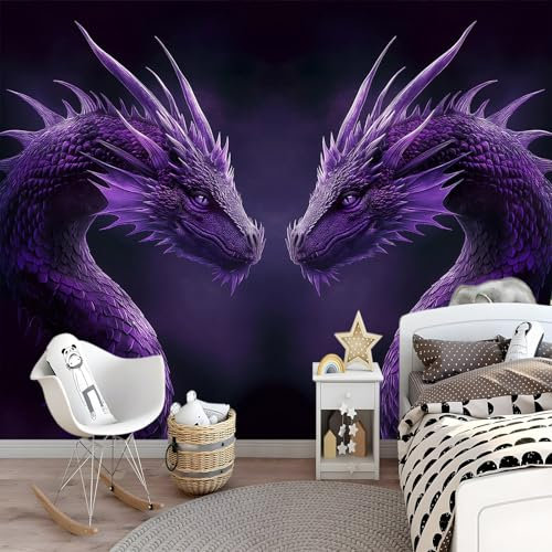 Vlies Fototapete 300 x 210 cm Fototapete Schlafzimmer Wohnzimmer Lila Vliestapete Wandtapete Fototapeten Bildtapete Symmetrischer westlicher Drache Effekt Wand Dekoration