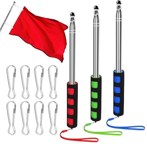 3 Piezas Astas Bandera Telescópicas, 2m Mástiles Telescopico Bandera, Asta de Bandera Portátil, Extensible Asta de Bandera con 8 Clips, Asta Bandera, Mastil Bandera para Guías de Viaje Campamentos
