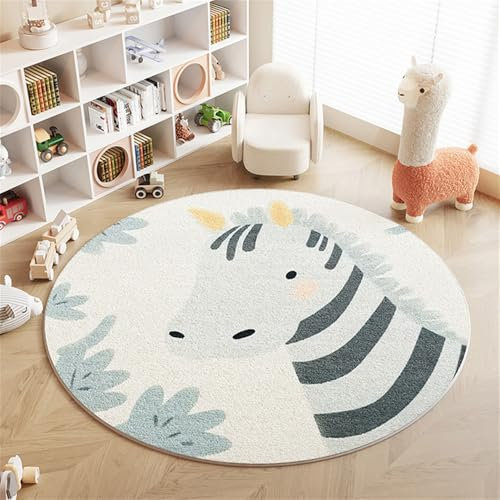 YATOLA Redonda Alfombras Lavable para Habitación Salón Cama Dormitorio Antideslizante Niños Crema Alfombra Juego Ultrasuave Infantil con Animale León Caballo Crawling Floor Mat (Crema 2, 120x120cm)