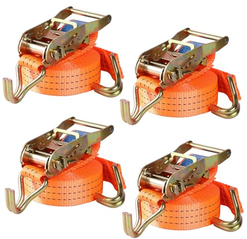 Pamatio 4 Pack 2000 kg Ratchet Straps With J-Hooks, Tensioning Belts Adjustable, 6m x 3.8cm, Ratchet Tie Down Straps For Trailers, Cars, Motorcycle (Orange)