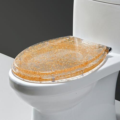B,WC Sitz Toilettendeckel Glitzer - Klodeckel WC Deckel Transparent - 42x36cm O Form Toilettensitz aus Harz - Klobrille Einfache Montage und Leicht zu Reinigen - Scharniere aus Edelstahl