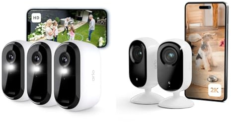 Arlo Essential 2 HD, Caméra de Surveillance WiFi Extérieure sans Fil, Autonomie de 6 Mois, Vision Nocturne Couleur, Essai Secure Inclus, 3 Caméras Blanc + Essential 2 Indoor 2K, 2 Caméras Blanc