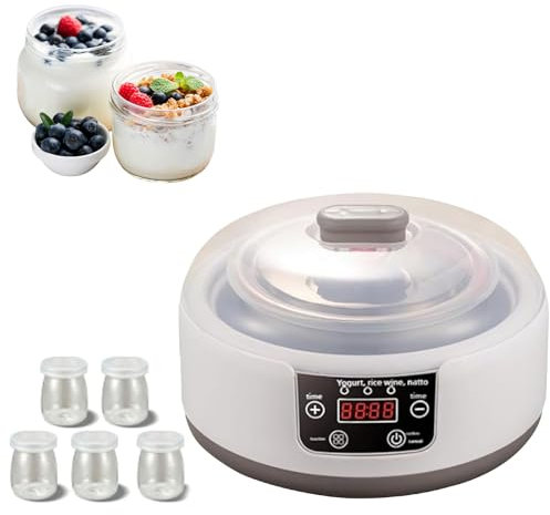 Probiotic Yogurt Motor,Yogurt Machine with Constant Temperature Control and Adjustable Time, 1.2L Yogurt Maker with LCD Display, with 5 Jars,Multi-Function Electric Yogurt Machine for Home Use (White)