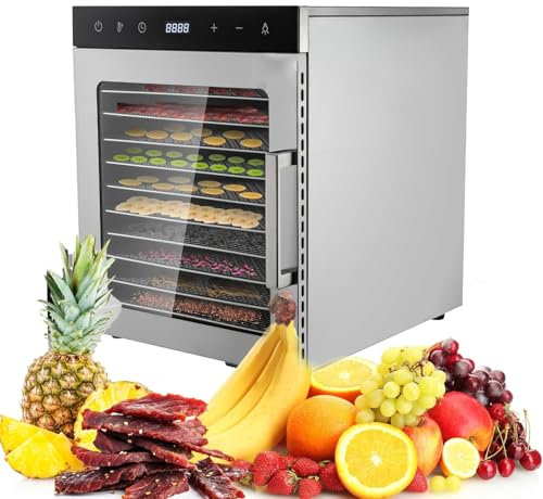Essiccatore per alimenti, essiccatore a 10 vassoi in acciaio inossidabile per alimenti e carne secca, carne, manzo, verdure, frutta, essiccatore per alimenti con gancio per appendere, timer 24 ore, c