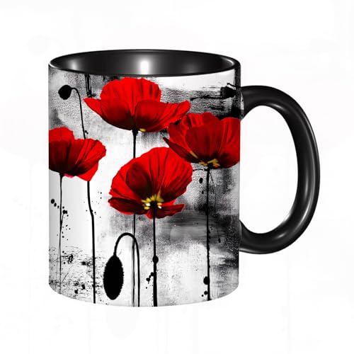 HRRASFAZF Tasse à Café | Tasse Céramique Fine | Cadeau Original | 330ml | Mug avec Anse | Cadeau Original pour Homme et Femme | Fleur de pavot à l'encre aquarelle