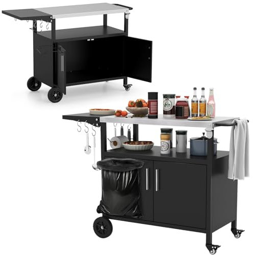 KOMFOTTEU Carrello per barbecue con piano di lavoro pieghevole in acciaio inox, carrello ausiliario con armadio con porte, ganci e supporto per sacchetti della spazzatura, carrello per griglia con