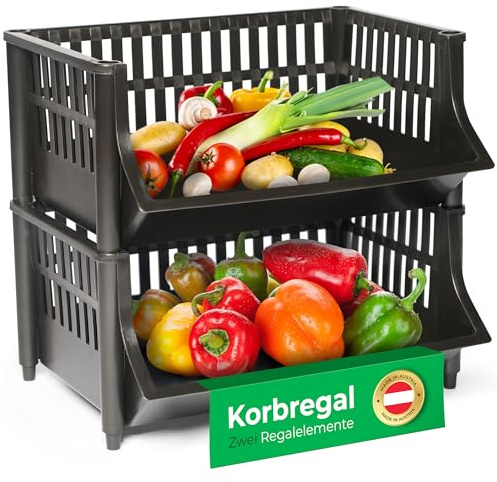 Novaliv 2 Stück Korbregal Schwarz Steckregal Stapelbar & Erweiterbar, Regale für Vorratsraum, Lebensmittelregal, Obstregal Keller Aufbewahrungssystem, Apfelregal, Stapelkorb, Stapelregal Kunststoff