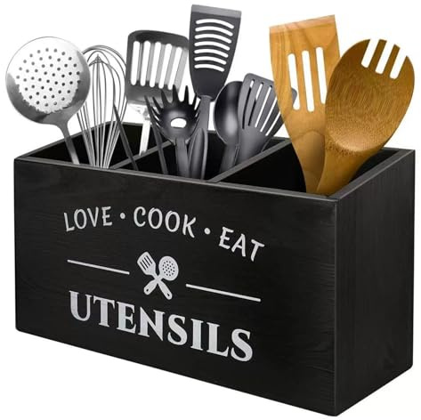 CGTQROVR Porte-ustensiles de cuisine 3 coffre en bois Ustensiles pour comptoir de cuisine avec des trous drainage Organisateur comptoir pour couverts couverts