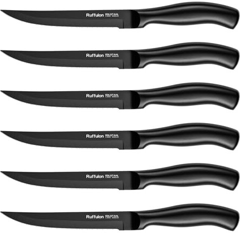 Ruffulon Couteau à Steak, 6 couteaux à steak en acier inoxydable, ensemble de couteaux à steak dentelés, couverts à steak de cuisine, passe au lave-vaisselle ，Dentelés Super Tranchants, 23CM