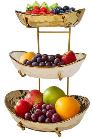 Fiita Obst Etagere mit 3 Etagen Obstschalen aus Keramik, Platzsparendes Obstkorb Etagere für die Familie - Moderne Obstschale, Geeignet für Gemüse, Obst, Snacks, Süßigkeiten
