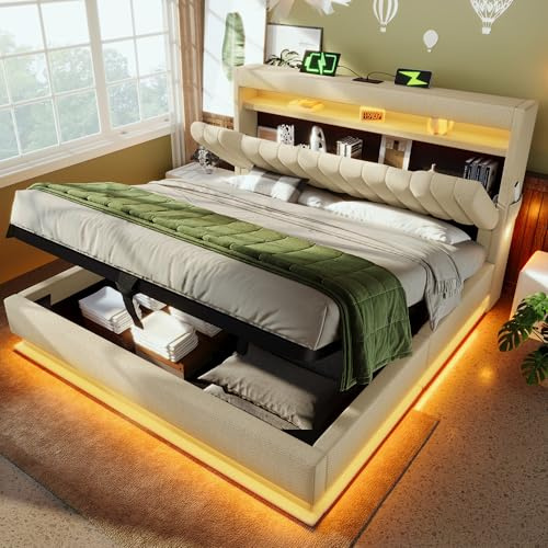 LAKFEW Doppelbett Polsterbett 180x200 cm mit LED-Kopfteil und USB-Typ-C, Hydraulisch Bett mit Stauraum, Bettgestell mit Lattenrost aus Holz, Schlafzimmer Möbel, Ohne Matratze, Leinen, Beige