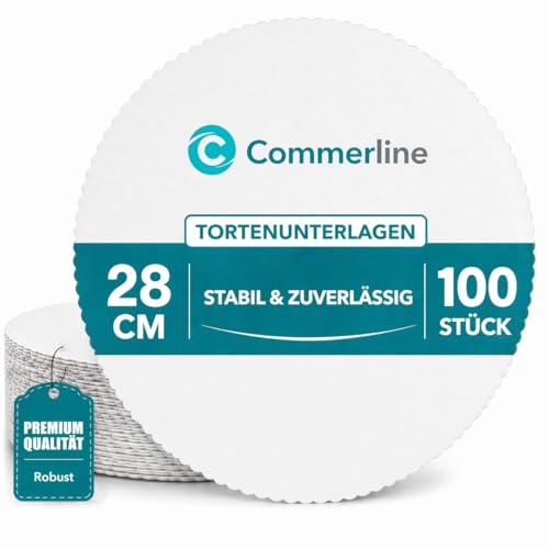 Commerline 100 stycken tårtunderlägg, Ø 28 cm rund kaktallrik, vit tårttallrik, livsmedelssäker, kartong kakbräda, engångs, tårtunderlägg för kakor och tårtor