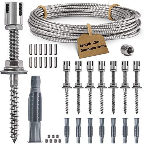 Rankhilfe aus Edelstahl für Kletterpflanzen, Profi-System als Komplettset mit Wandhaltern und 3mm Stahlseil (Silber, 8Halter, 12m Seil)