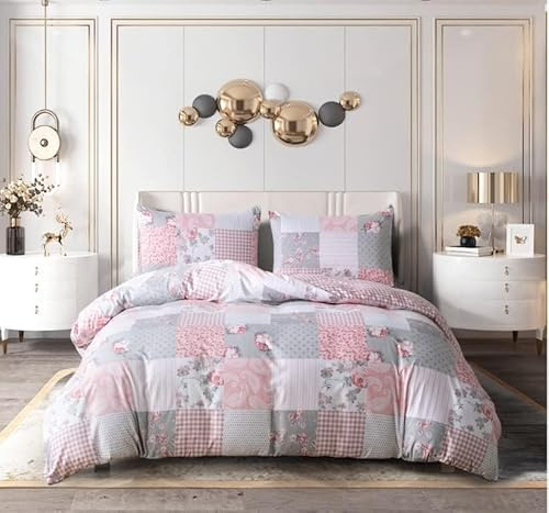 BQC Duvet Cover Set 3 Piece Microfibre Quilt Cover with Pillow Cases, Ultra Soft Easy Care Machine Washable Bedding Set (Patchwork Floral Grey, Double)