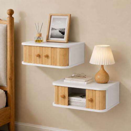 SUMGAR Floating Nightstand Set of 2 White Night Stand Boho Bedside Table Organiser Small Spaces Wall Mounted Shelf Storage with Drawers Wood Bamboo Natural Hanging Furniture for Bedroom Home Decor