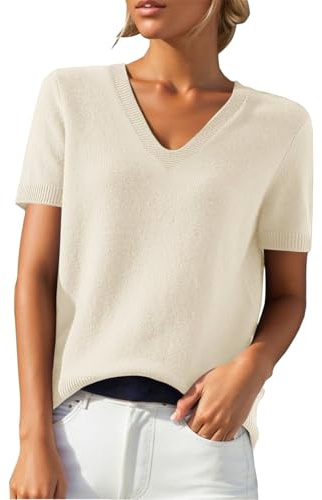 PODOLIXIA Jersey de manga corta para mujer, cuello de pico, de punto, monocolor, manga corta, jersey de punto fino, suave, respetuoso con la piel, para verano, suéter para mujer