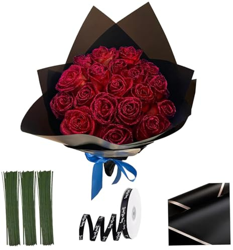 Ngbbby Bouquet di rose glitterate 20 pezzi, bouquet di fiori glitter lucidi da 9, 5 pollici, rose fai da te con stelo, nastri da regalo e carta per anniversario, fidanzamento, matrimonio, rosso