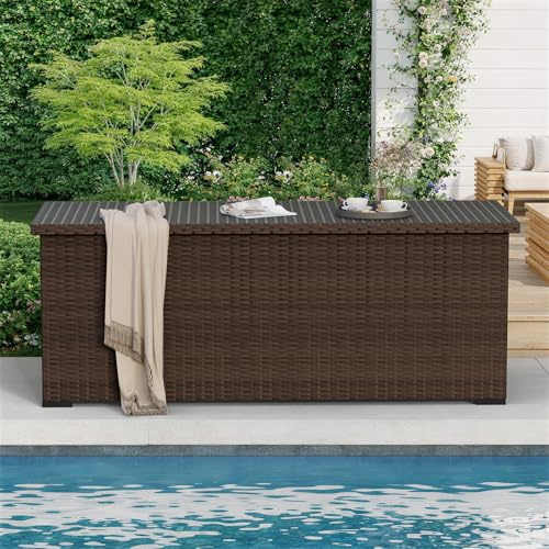 Amopatio 870L Gartenbox Auflagenbox wasserdicht, Kissenbox outdoor aus Polyrattan, Aufbewahrungsbox Metall mit Gasdruckfedern, Gartenkiste wetterfest für Garten, Balkon, Braun