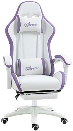 Vinsetto Silla Gaming Ergonómica, Silla Gamer de Cuero PU con Reclinable 135°, Soporte Lumbar, Altura Ajustable, Reposacabezas y Reposapiés Retráctil, para Oficina, Estudio, Blanco y Violeta