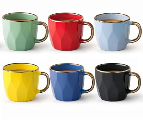 MundoTarros 6 Tazas de Cerámica con Borde Dorado de 220ml - Colores Vibrantes (Amarillo, Azul, Negro, Verde, Rojo, Azul Claro), Forma Redonda con Diamante - No Pierden Color